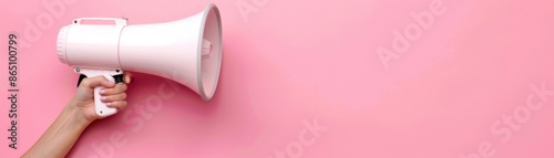 Hand holding a white megaphone against a pink background, perfect for marketing, announcement, or promotional concept visuals.