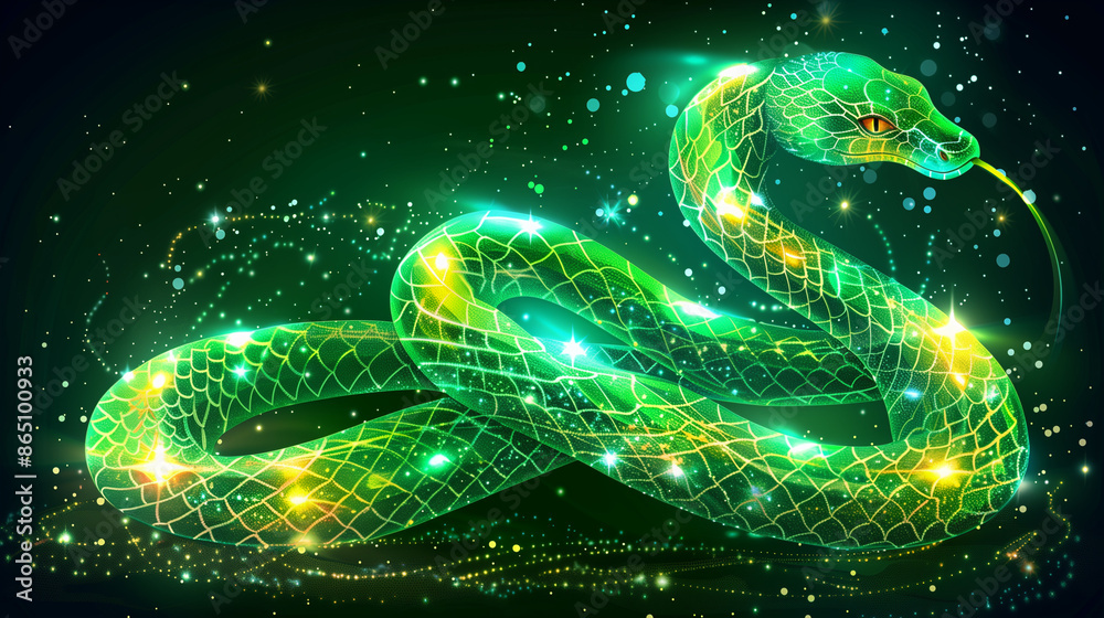 Luminous Serpent. A glowing green snake with intricate patterns against a dark, sparkly background. Symbol of the year 2025. Luminous Serpent. A glowing green snake with intricate patterns against a dark, sparkly background. Symbol of the year 2025.