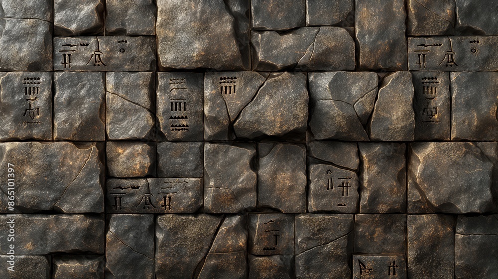 A close-up view of an ancient stone wall with carved symbols, showcasing the textures and patterns of the weathered stones A close-up view of an ancient stone wall with carved symbols, showcasing the textures and patterns of the weathered stones
