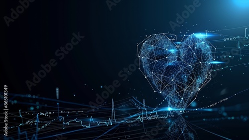 Futuristic medical network of heart anatomy and cardiological structure, innovative medicine and technology, low poly wireframe