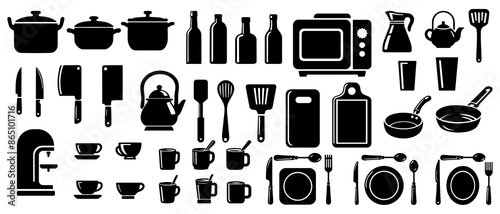 kitchen utensils silhouettes. Kitchen tools vector. Kitchen elements silhouette black filled vector Illustration icon.