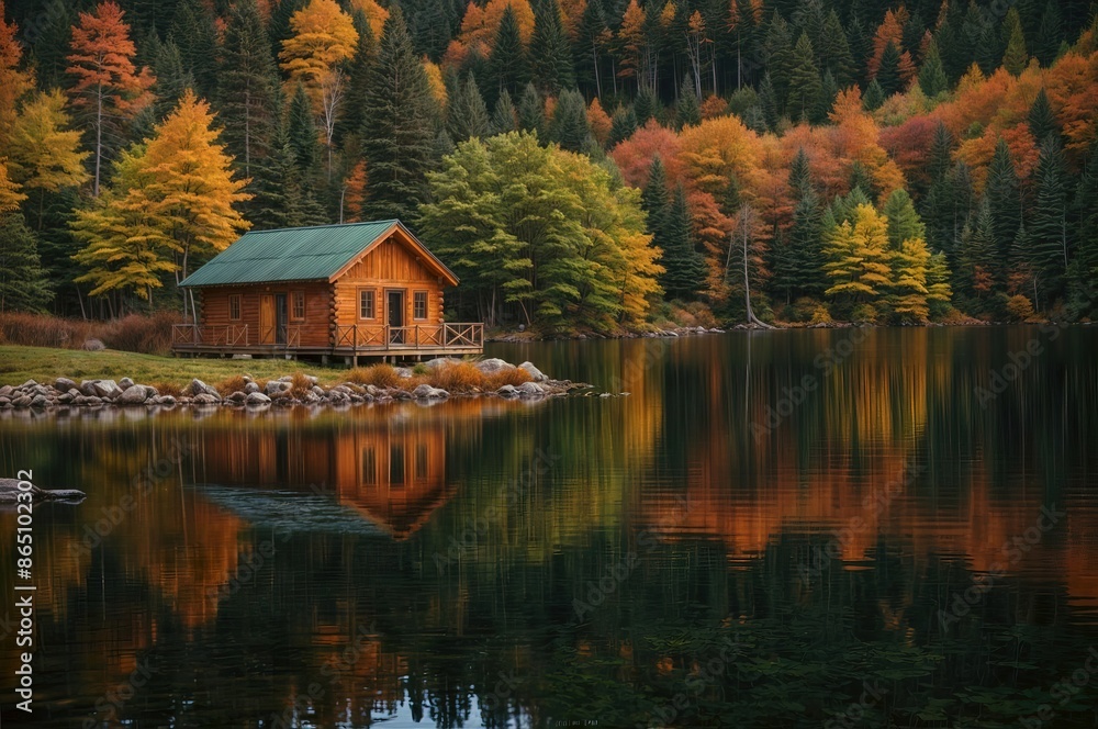 A serene lakeside scene during autumn with a house and trees A serene lakeside scene during autumn with a house and trees