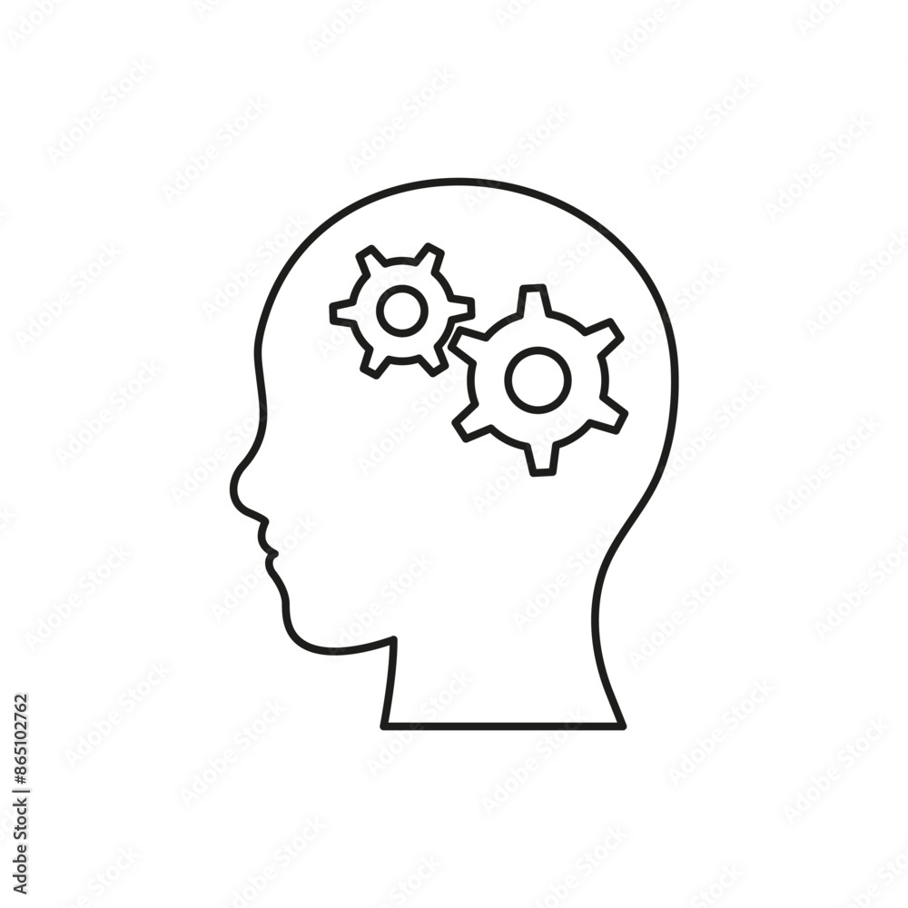 Gears in the head line icon. Human head with gear. Idea of planning, mind. Work with the head, for: illustration, logo, mobile, app, emblem, design, web, site, ui, ux. Vector EPS 10 Gears in the head line icon. Human head with gear. Idea of planning, mind. Work with the head, for: illustration, logo, mobile, app, emblem, design, web, site, ui, ux. Vector EPS 10