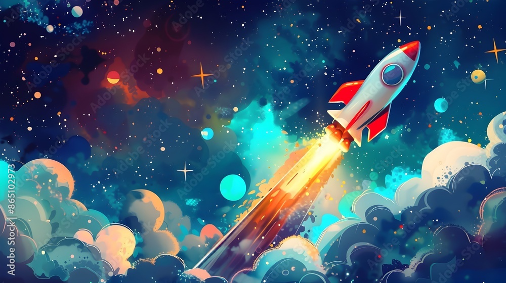 Cartoon Rocket Ship Launch into Outer Space Adventure Cartoon Rocket Ship Launch into Outer Space Adventure