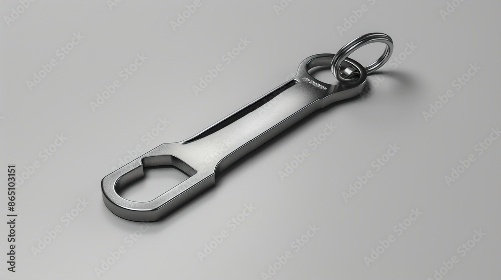 A stainless steel keychain with a bottle opener feature on a solid grey background. A stainless steel keychain with a bottle opener feature on a solid grey background.