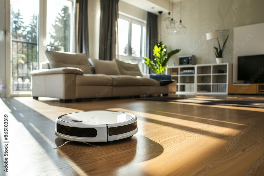 An elegant and modern robot vacuum cleaner cleans the floor in a cozy living room. The rays of the sun in the apartment. An elegant and modern robot vacuum cleaner cleans the floor in a cozy living room. The rays of the sun in the apartment.