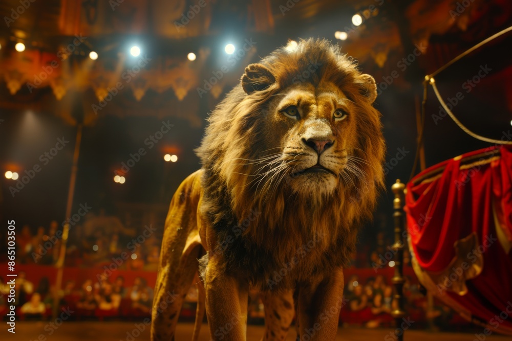 A trained lion in the rays of spotlights and colorful props in the circus. A trained lion in the rays of spotlights and colorful props in the circus.