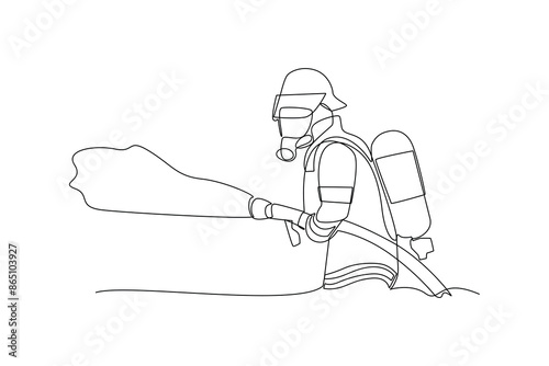 Single continuous line drawing of Firefighters are carrying water hoses to extinguish the fire. Professional work job occupation. Minimalism concept one line draw graphic design vector illustration