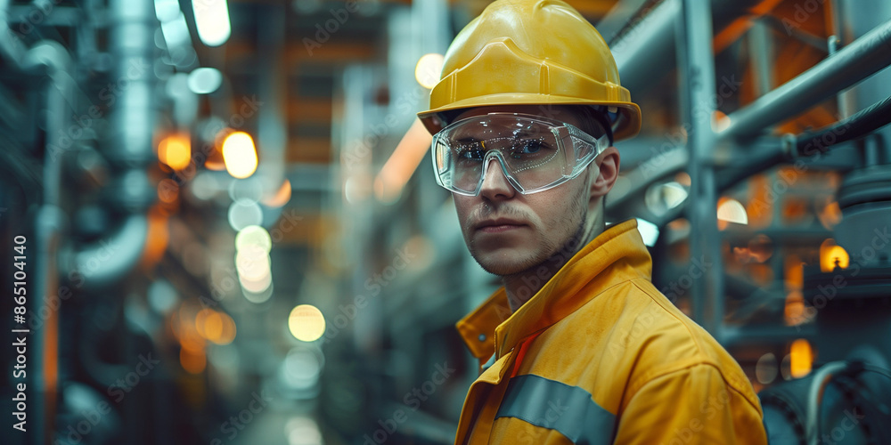 Male worker at a factory concept poster background. Man worker wearing a helmet and safety glasses. Heavy industry horizontal banner. Raster digital illustration photo style. AI artwork. Male worker at a factory concept poster background. Man worker wearing a helmet and safety glasses. Heavy industry horizontal banner. Raster digital illustration photo style. AI artwork.
