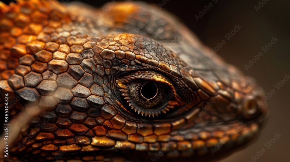 Close-Up of a Colorful Reptile with Detailed Scales and Intense Eye Close-Up of a Colorful Reptile with Detailed Scales and Intense Eye