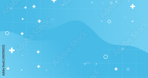 Bright light blue dynamic medical fluid abstract background. Geometric shapes crosses wavy liquid morphic. Minimal kids style Square notebook pattern. Back to school. Dental care banner. Dotted 
 line