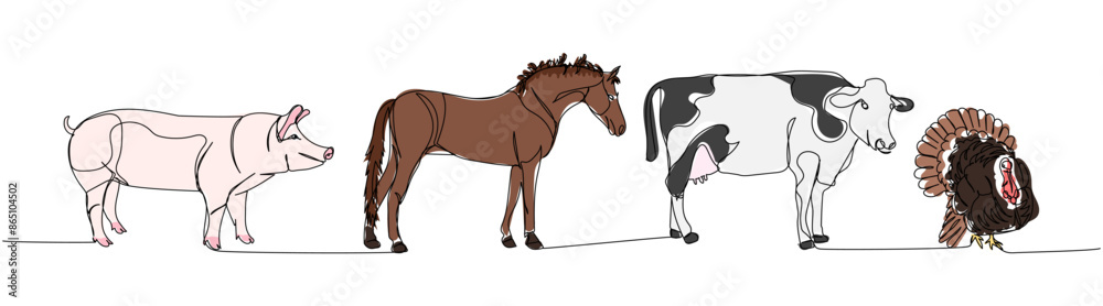 Fototapeta premium set of livestock, horse, pig, turkey, cow one line color, colored art. Continuous line drawing of farm, nature, agriculture, farm animals, rural life, ranch.