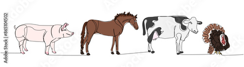 set of livestock, horse, pig, turkey, cow one line color, colored art. Continuous line drawing of farm, nature, agriculture, farm animals, rural life, ranch.