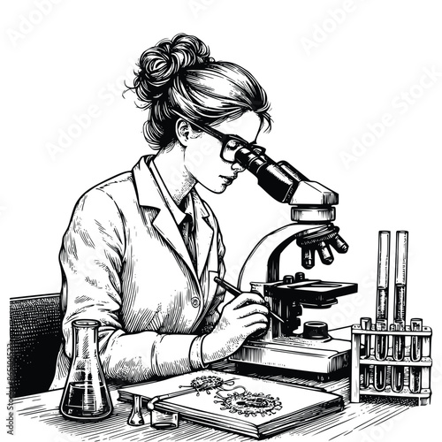 hand drawn female scientist working using microscope. engraving black and white scientist conducting research in the laboratory vector illustration