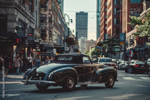 Vintage convertible car driving down a busy city street with modern buildings in the background, A vintage convertible cruising through a bustling city street