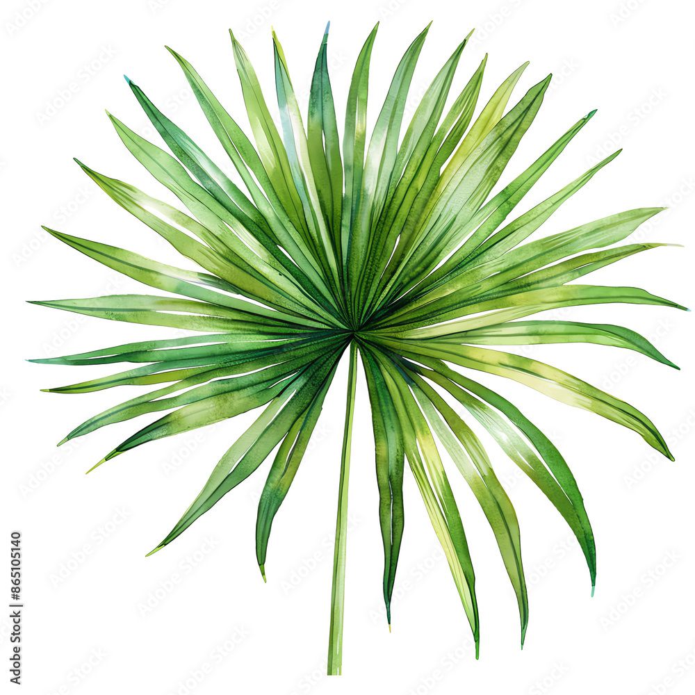 Detailed illustration of a vibrant green palm leaf with spiky leaves, isolated on white background, perfect for tropical theme designs. Detailed illustration of a vibrant green palm leaf with spiky leaves, isolated on white background, perfect for tropical theme designs.