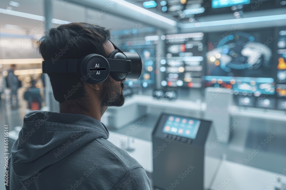 Man using VR to interact with AI data in a high-tech control room, illustrating the integration of virtual reality and artificial intelligence in modern technology. Man using VR to interact with AI data in a high-tech control room, illustrating the integration of virtual reality and artificial intelligence in modern technology.