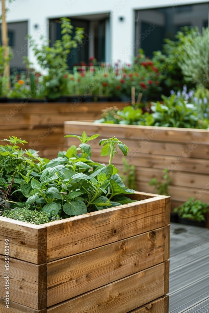 A wooden planter overflowing with lush greenery, perfect for home decor or outdoor use A wooden planter overflowing with lush greenery, perfect for home decor or outdoor use