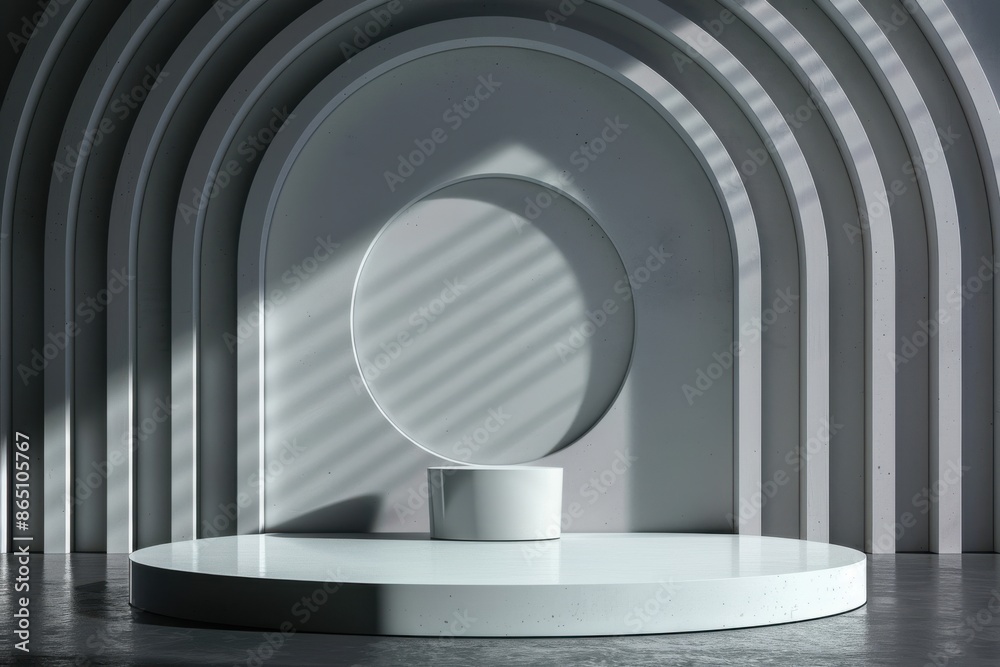 Minimalist 3D render of a white cylindrical podium or pedestal for product display against an architectural background with arches and shadows. Minimalist 3D render of a white cylindrical podium or pedestal for product display against an architectural background with arches and shadows.