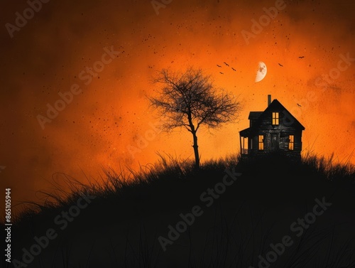 Spooky Abandoned House on Hill with Bare Tree and Orange Sky at Night