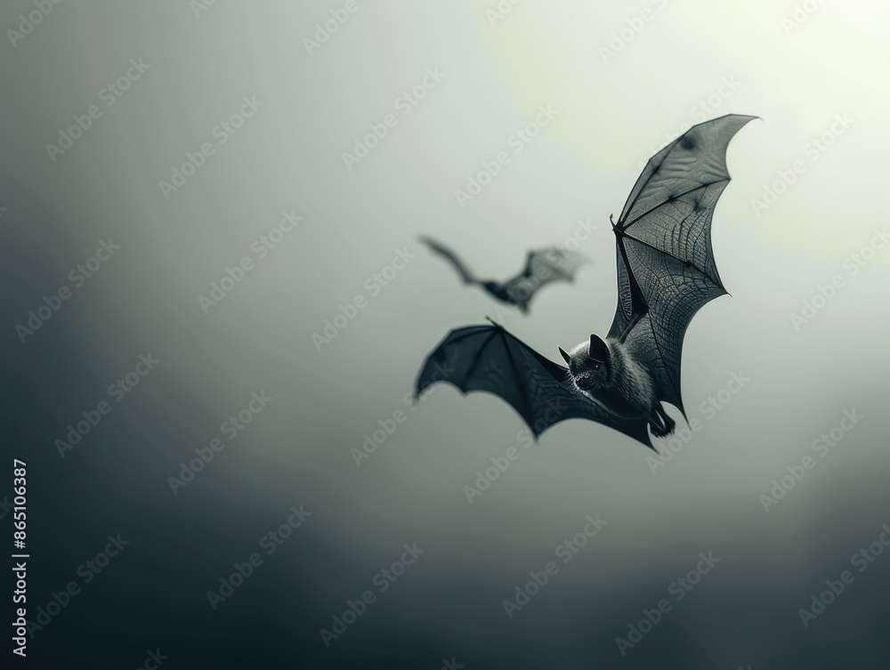 Fototapeta premium Mysterious Bats Flying in Dark Foggy Sky - Wildlife Nocturnal Creatures in Motion