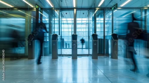Dynamic Security Blurred Motion of Business Professional Passing Through Turnstiles in Modern Corporate Building