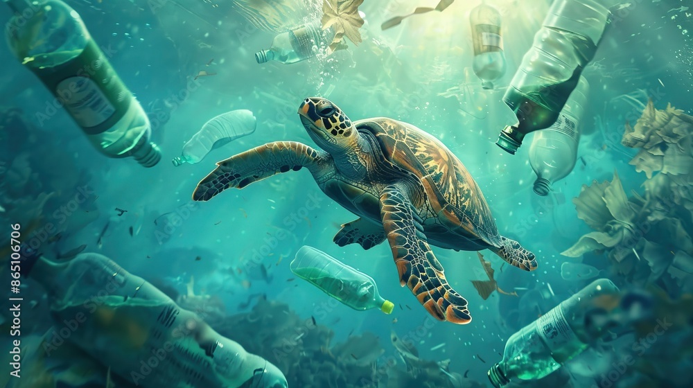 Fototapeta premium Turtle Navigating Underwater Amidst Discarded Plastic Bottles