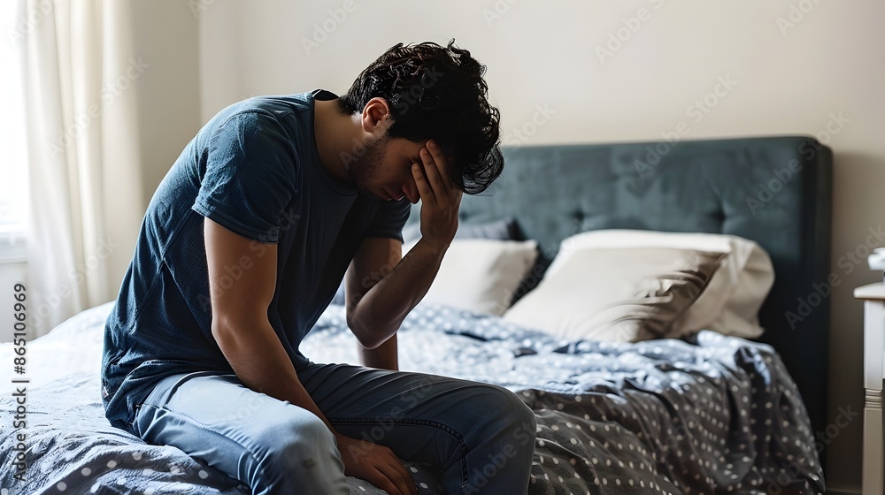 Defeated Man Sitting on Bed Feeling Depressed and Alone Defeated Man Sitting on Bed Feeling Depressed and Alone