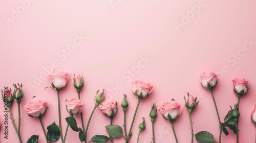 A delicate border of pink roses, arranged in a minimalist style with clean lines and a soft color palette. Perfect for adding a touch of romance to your designs.