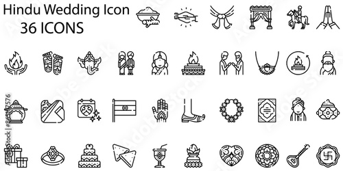 Set of hindu widding icons. Line art style icons bundle. vector illustration