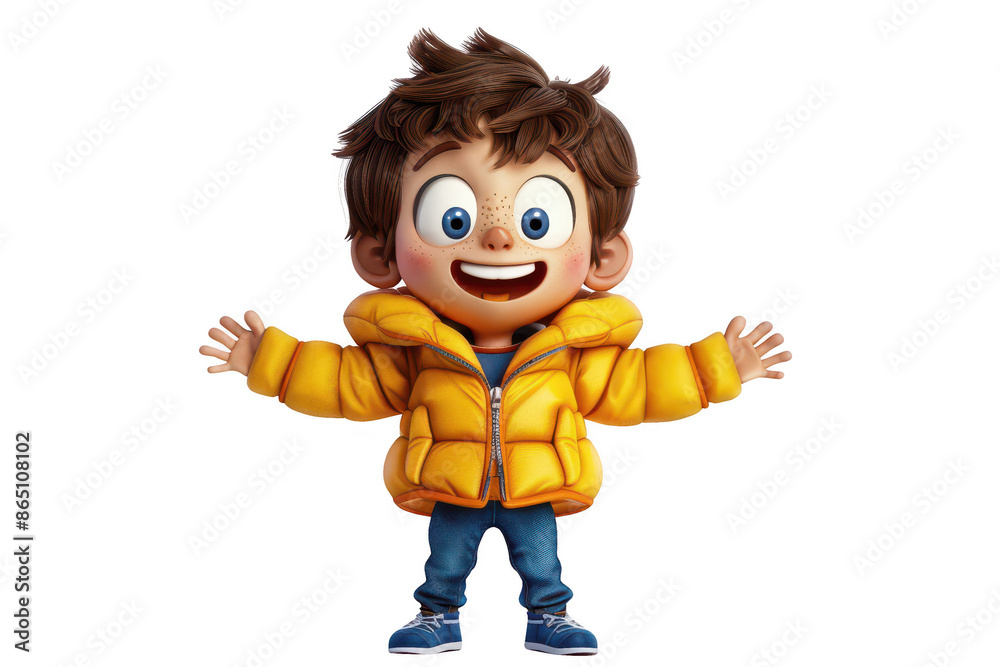 Adorable animated boy in a yellow jacket with open arms, excited and happy expression, isolated on white background. Adorable animated boy in a yellow jacket with open arms, excited and happy expression, isolated on white background.