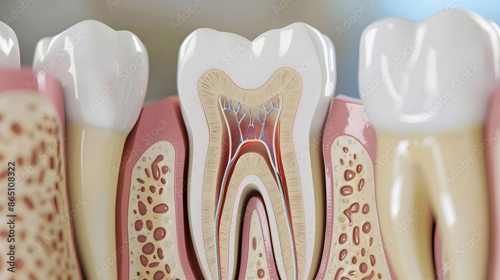 Detailed Cross Section of a Human Tooth Exposing Internal Anatomy and Structure Detailed Cross Section of a Human Tooth Exposing Internal Anatomy and Structure