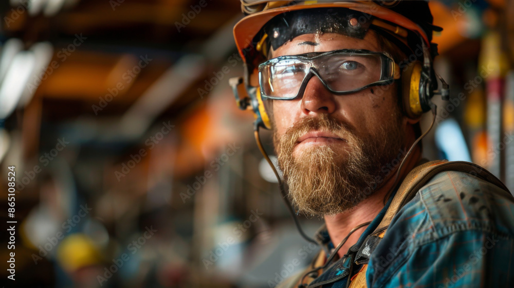 A construction worker with safety gear, including helmet and glasses, focused on his task in an industrial environment. A construction worker with safety gear, including helmet and glasses, focused on his task in an industrial environment.