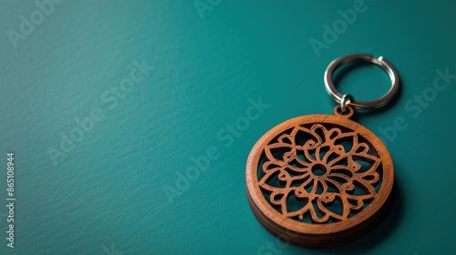 A wooden keychain with a laser-cut design on a solid green background.