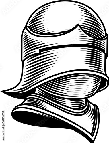 A knights helm medieval helmet in vintage woodcut etching engraved style