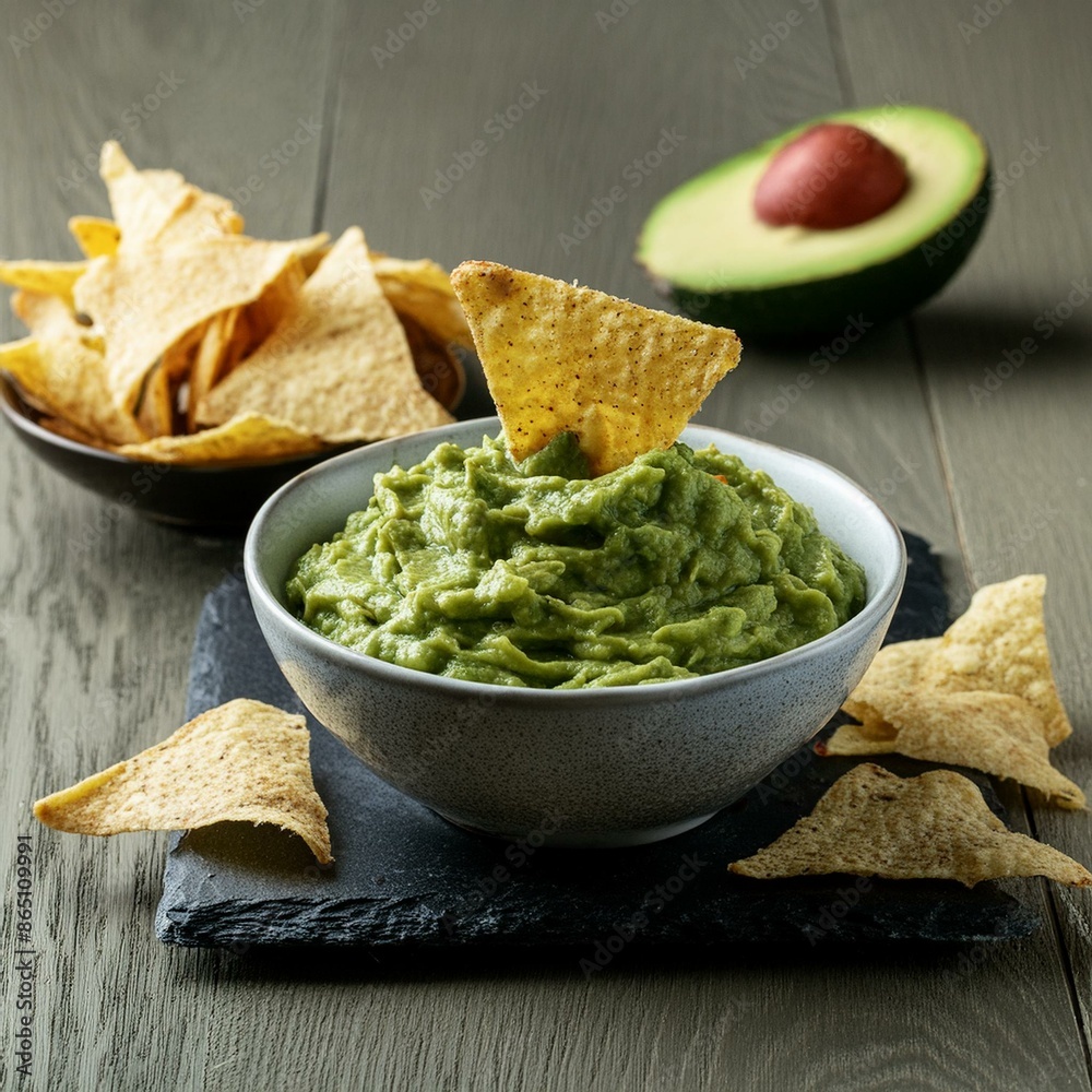 Mexican traditional food guacamole with nachos in plate Mexican traditional food guacamole with nachos in plate