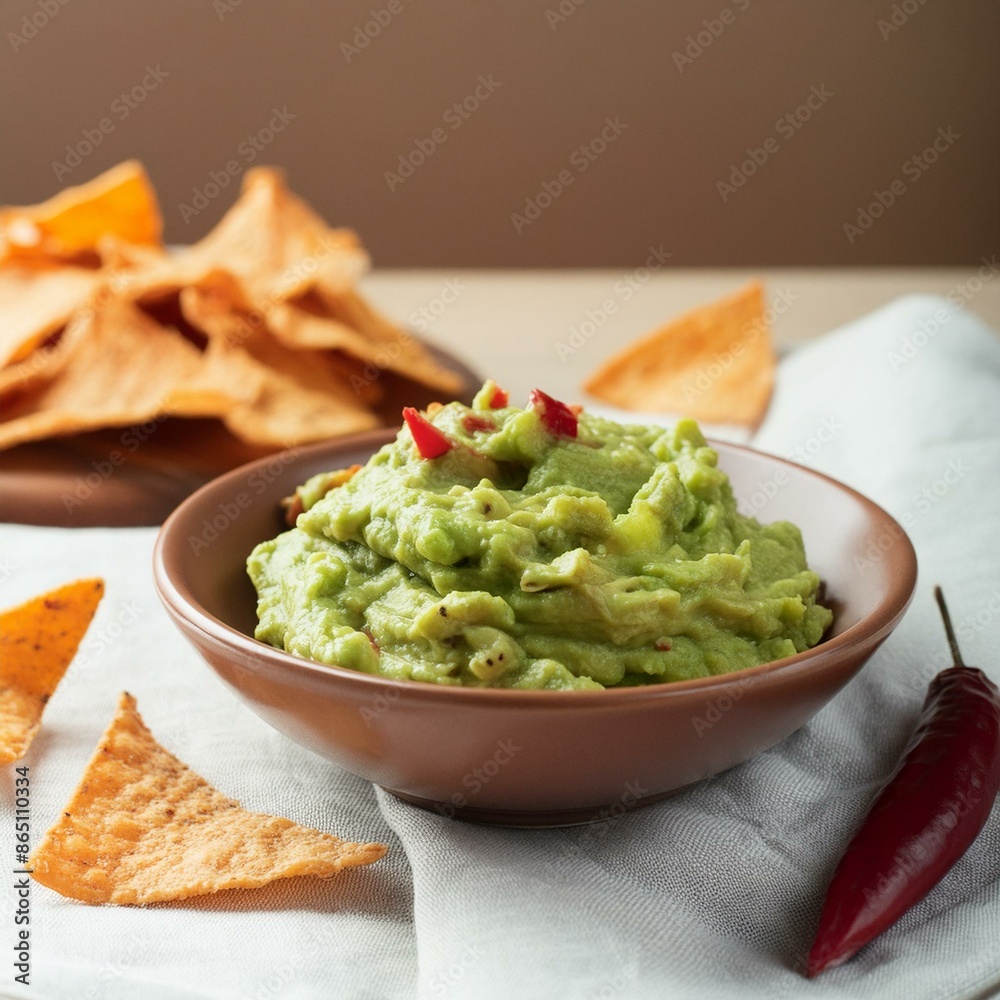 Mexican traditional food guacamole with nachos in plate Mexican traditional food guacamole with nachos in plate