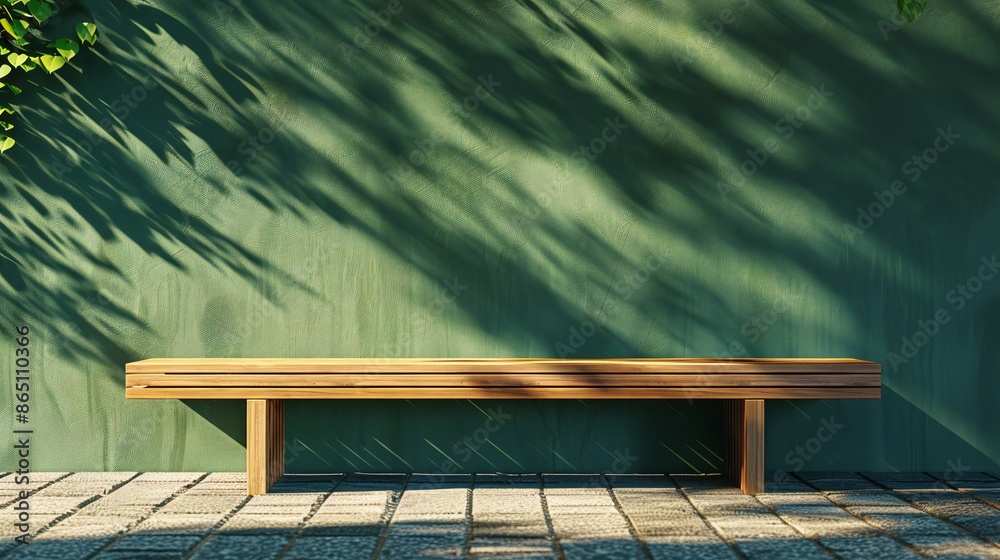 Modern wooden bench, juniper green outdoor wall, light from below, calming hues of basil and olive, creating tranquility. Modern wooden bench, juniper green outdoor wall, light from below, calming hues of basil and olive, creating tranquility.