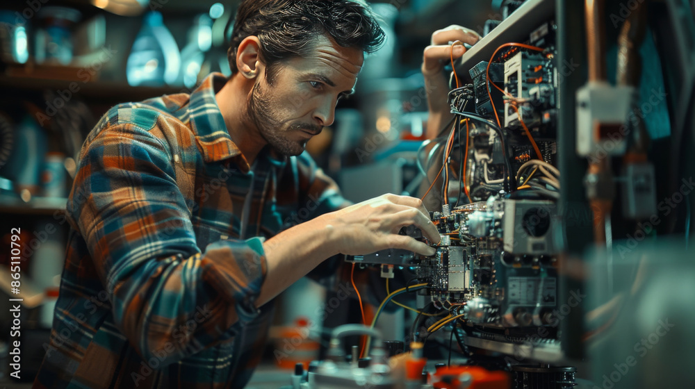 Engineer intensely working on intricate machinery in a workshop, displaying concentration and technical skill. Engineer intensely working on intricate machinery in a workshop, displaying concentration and technical skill.