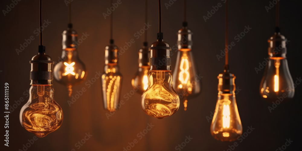 Light Bulbs Glowing on a Black Background. Decorative Edison Style Filament Light Bulbs Hanging on a Dark Background. Vintage Electric Bulbs in a Row