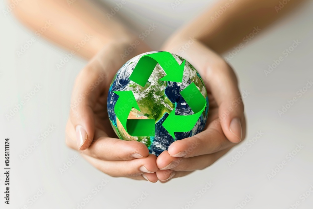 Hands holding a small globe with a recycling symbol, emphasizing environmental consciousness and sustainability. The image is simple and clean, suitable for educational or eco-friendly purposes Hands holding a small globe with a recycling symbol, emphasizing environmental consciousness and sustainability. The image is simple and clean, suitable for educational or eco-friendly purposes