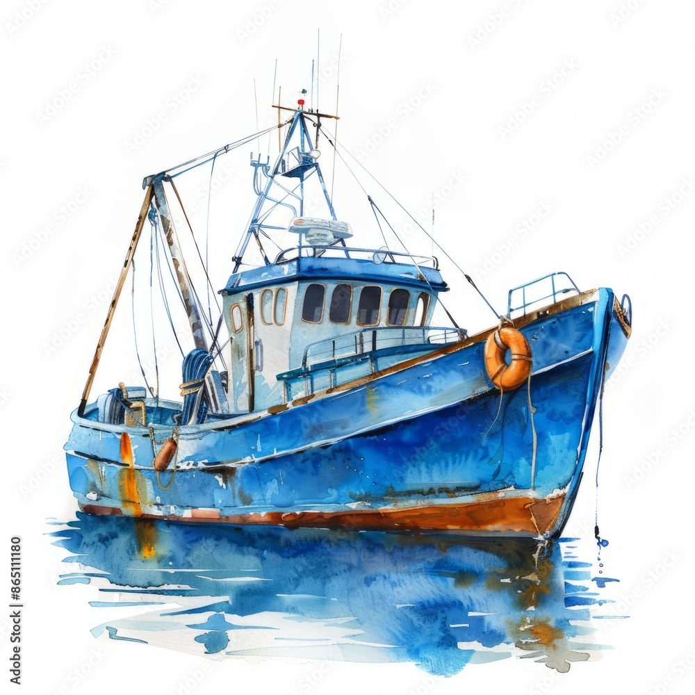 Beautiful watercolor painting of a blue fishing boat on calm waters, capturing the serene essence of a maritime scene. Beautiful watercolor painting of a blue fishing boat on calm waters, capturing the serene essence of a maritime scene.