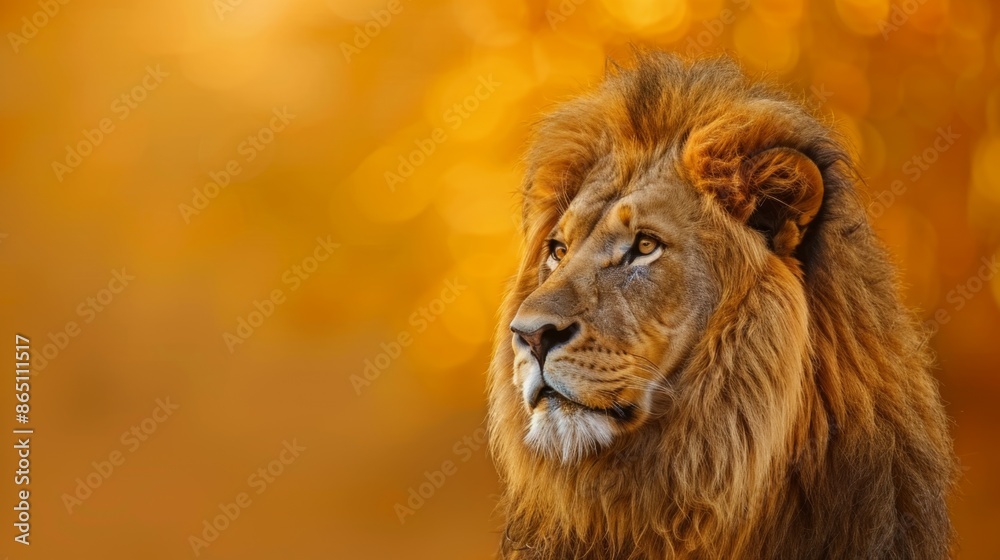 Fototapeta premium A majestic lion with its mane flowing, against a golden yellow background.