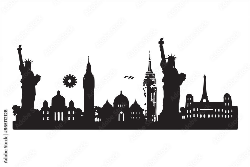Naklejka premium Eiffel Tower 🗼, Statue of Liberty 🗽, Big Ben 🕰️, Colosseum 🏛️, Great Wall of China 🏯, Taj Mahal 🕌, Sydney Opera House 🎭, Pyramids of Giza 🏜️, Leaning Tower of Pisa 🏰, Mount Fuji 🗻, Machu Pic