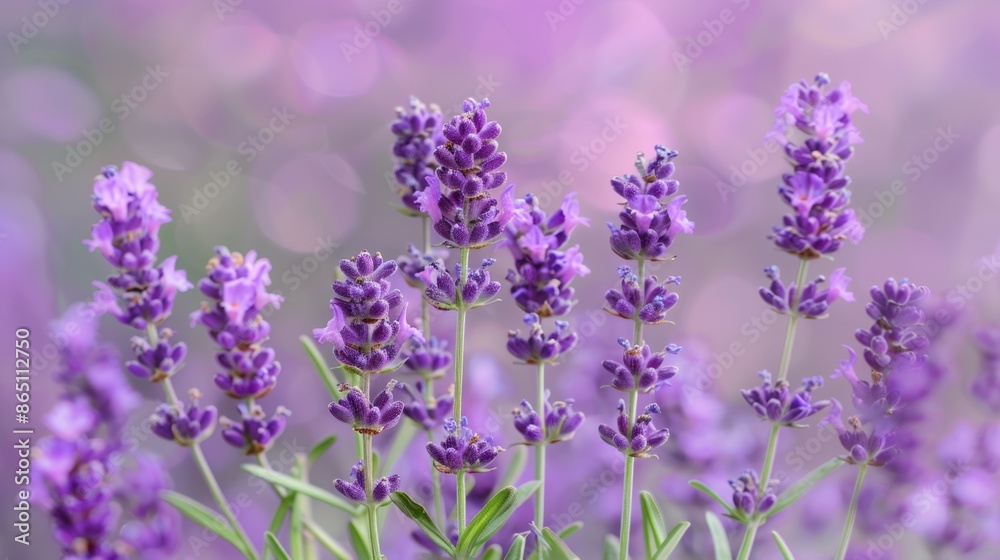 A cluster of purple lavender flowers, against a soft lavender background. A cluster of purple lavender flowers, against a soft lavender background.