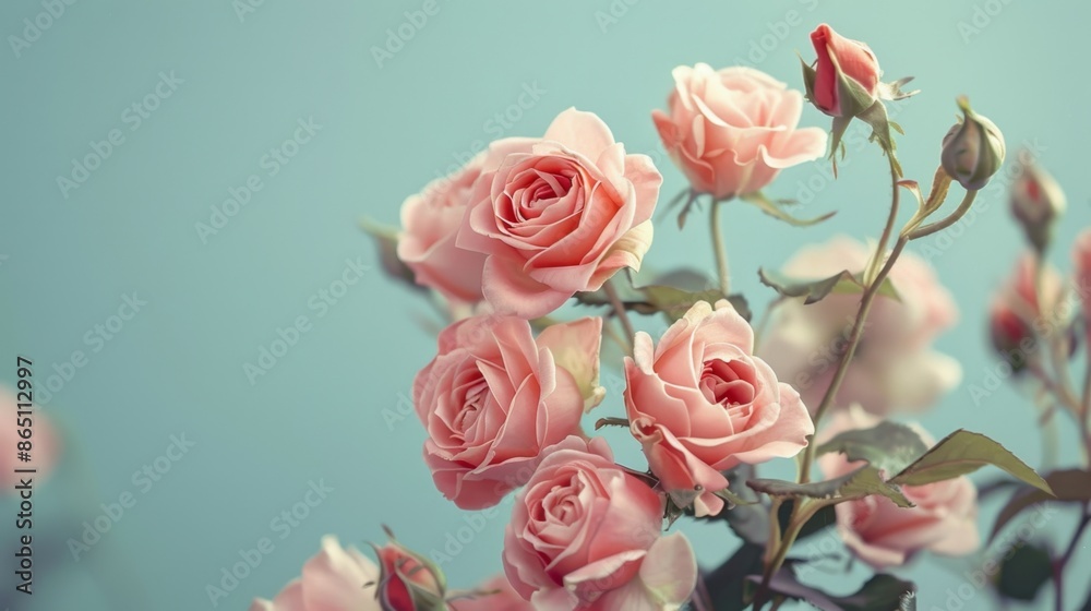 A cluster of pink roses, against a soft blue background. A cluster of pink roses, against a soft blue background.