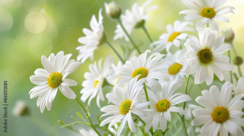 A cluster of white daisies, against a soft green background. A cluster of white daisies, against a soft green background.