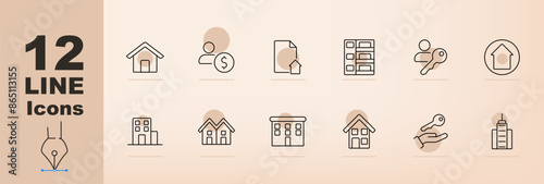 Real estate set icon. House, mortgage, money, documents, files, keys, apartment building, duplex, hand with key, skyscraper, home ownership, real estate management, property development