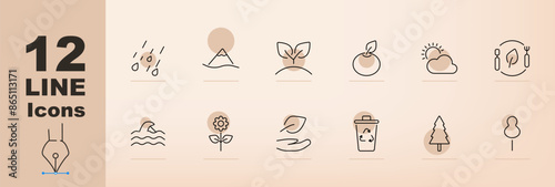 Nature and environment set icon. Rain, mountain, plant, fruit, sun clouds, eco food, ocean, flower, leaf, recycling bin, tree, landscape, environmental conservation, natural resources, sustainability