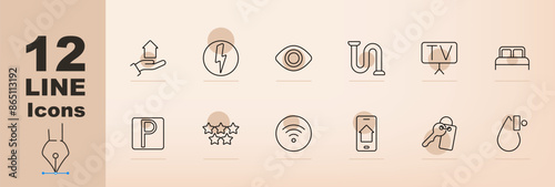 Hospitality and service set icon. Housekeeping, electricity, surveillance, plumbing, television, bed, parking, rating, wifi, smartphone, key, door hanger, water service, hotel amenities